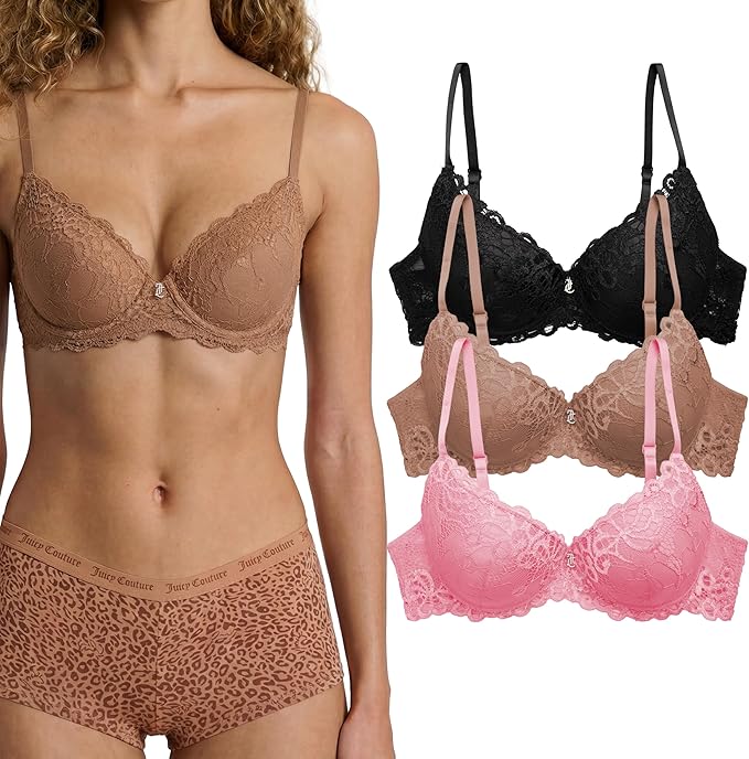 Juicy Couture Women's 3-Pack Sexy Extreme Push Up Lace Bra Set