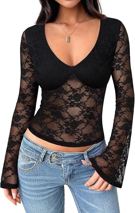 Noir Floral Lace Bell Sleeve Top