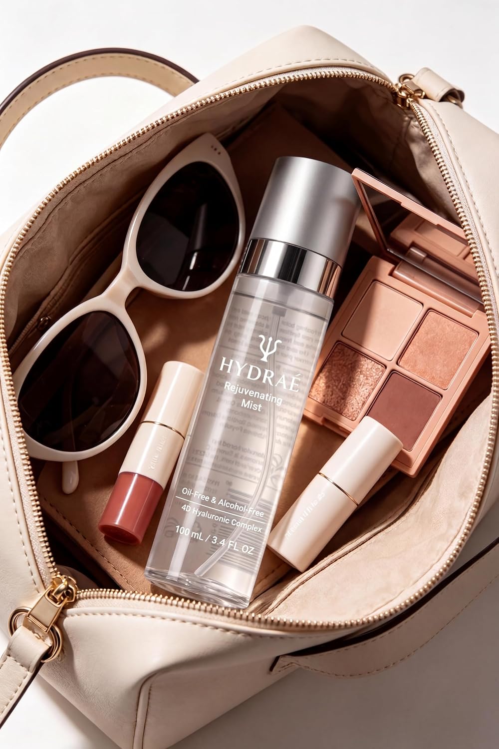 HYDRAÉ Rejuvenating Toner Mist in a makeup bag with sunglasses and lipstick