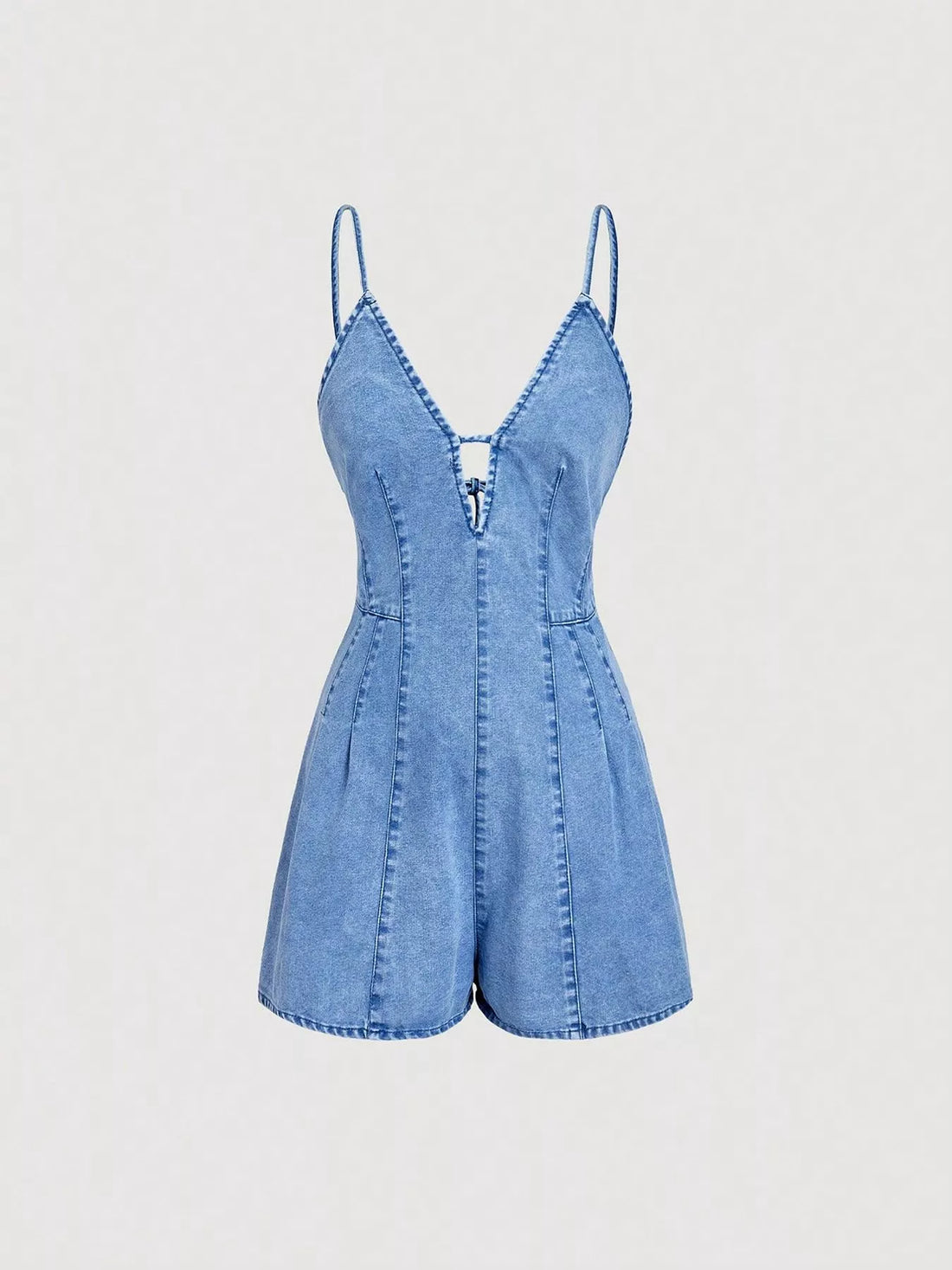 Ashton blue denim romper front view on model