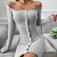 Women’s Ribbed Off-Shoulder Button-Front Bodycon Mini Dress — Long Sleeve