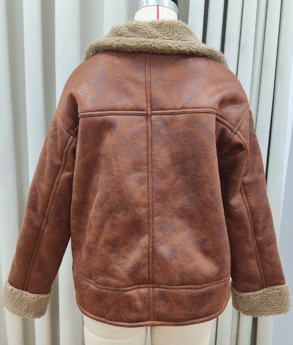 Women’s Camel Faux Shearling Jacket – Lined Winter Coat with Collar and Pockets