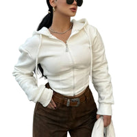 Women’s White Slim Fit Cropped Zip Up Hoodie Long Sleeve Jacket