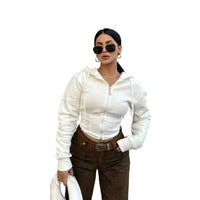 Women’s White Slim Fit Cropped Zip Up Hoodie Long Sleeve Jacket