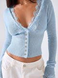 Odette Lace Trim Cropped Knit Cardigan in Blue, front close-up