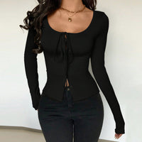 Women’s Square Neck Tie Front Cardigan Long Sleeve Button Top