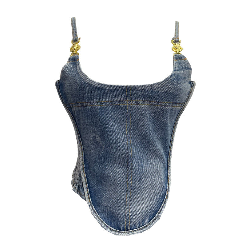 Women’s Denim Corset Camisole with Back Zipper, Irregular Hem Y2K Bustier Top