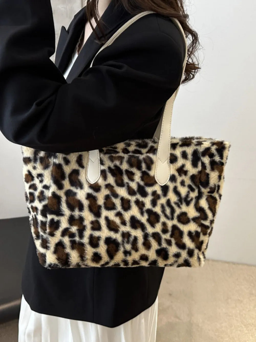 Leopard Print Faux Fur Tote Bag with Zip Closure