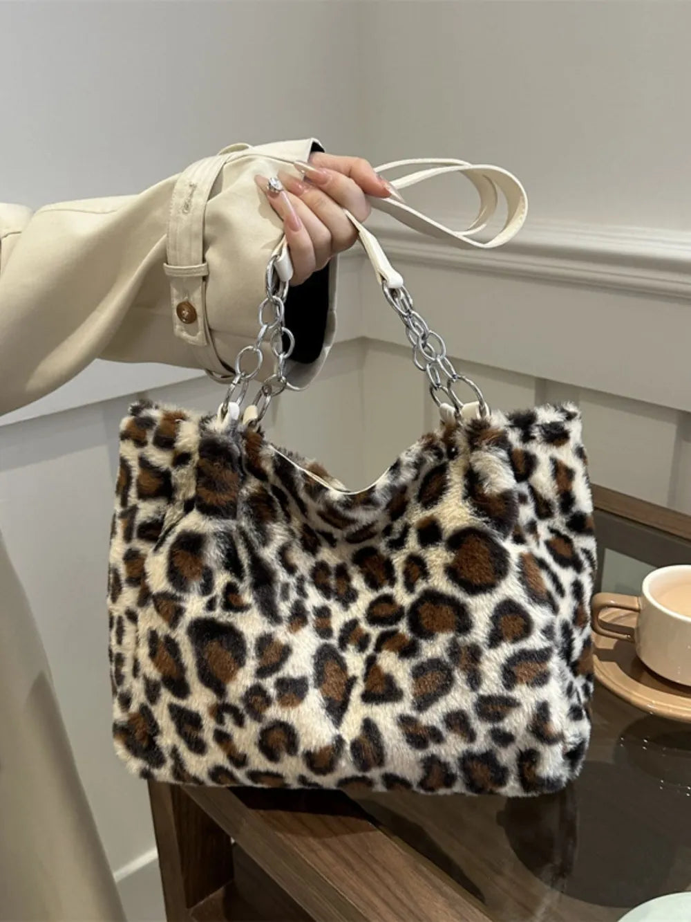 Women’s Faux Fur Leopard Shoulder Bag Chain Strap Soft Slouchy Handbag