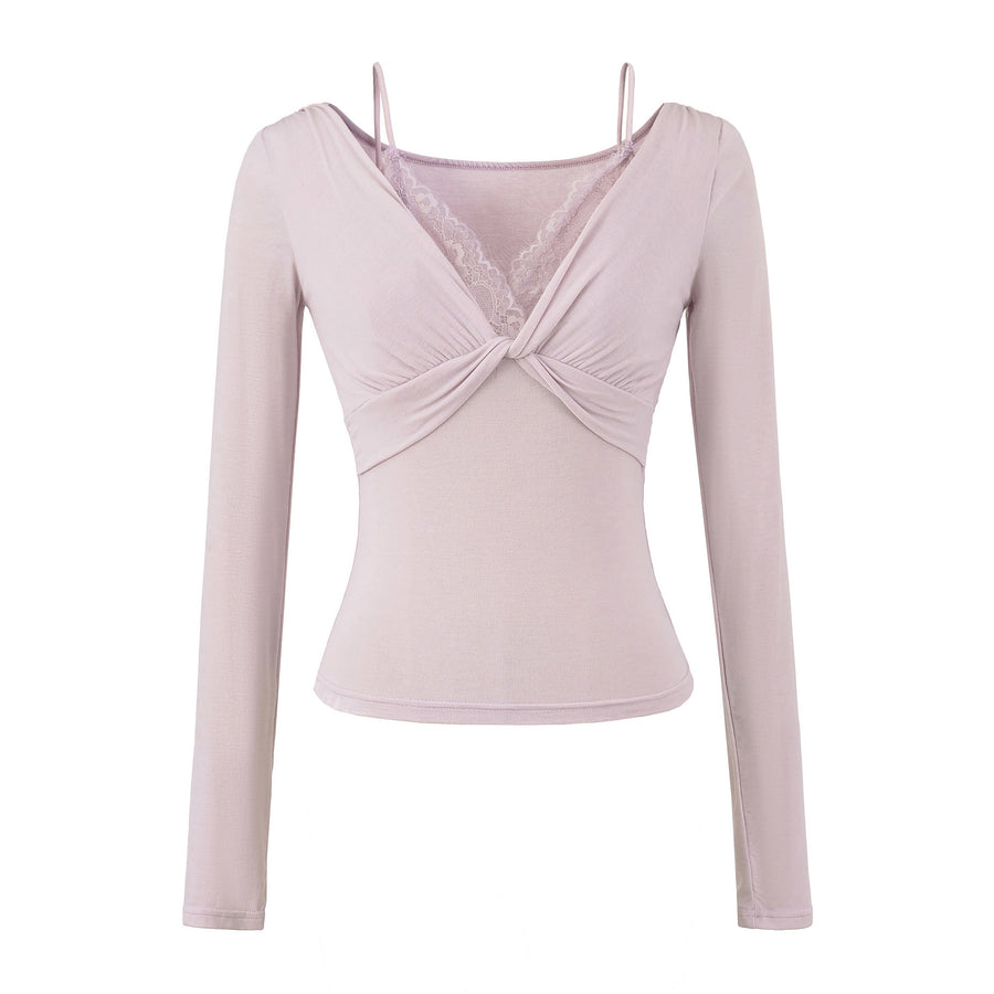 Women’s Twist Front Lace V-Neck Long Sleeve Top, Soft Stretch Knit