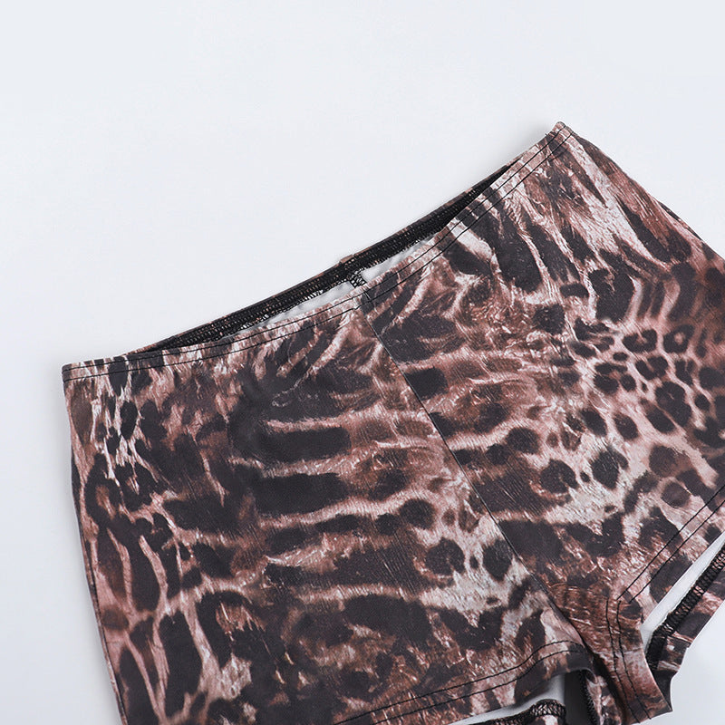 Leopard Off-Shoulder Lace-Up Crop Top & Shorts Set
