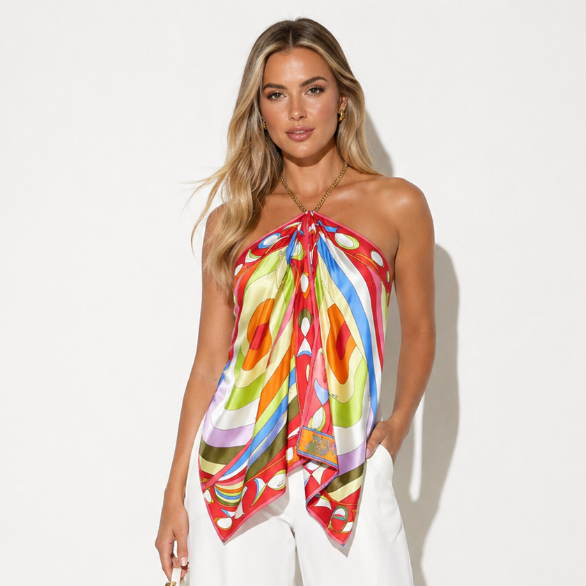 Woman wearing a colorful halter top and white pants on a white background