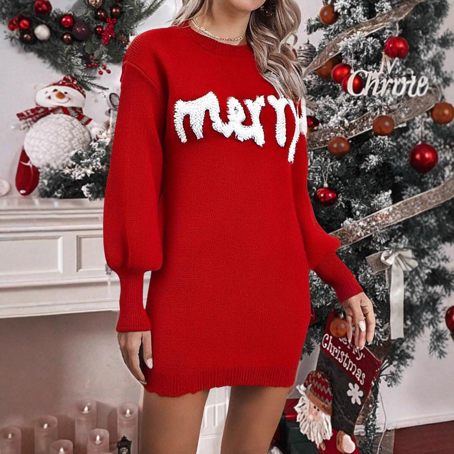 Women's “MERRY” Knit Sweater Dress Mini Holiday Christmas Long Sleeve Outfit