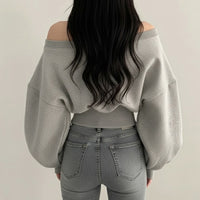 Women’s Asymmetrical Off-Shoulder Fleece Crop Top Long Sleeve Pullover