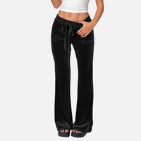 Velvet Lounge Pants Women – Soft High Waist Drawstring Wide Leg Black Pants