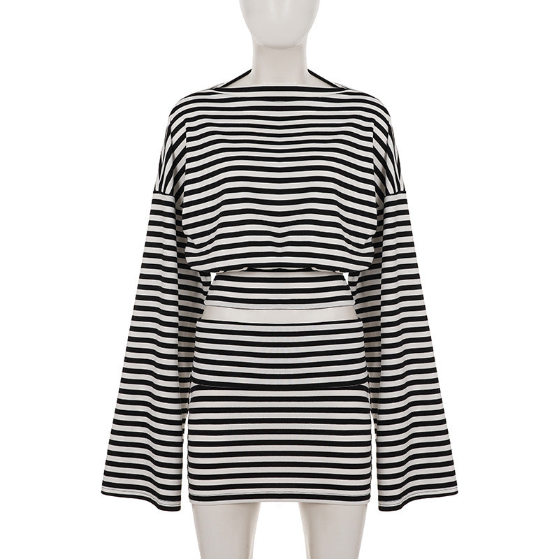 Women’s Striped Two-Piece Set – Batwing Sleeve Top and Mini Skirt Casual Outfit