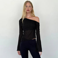 Women’s Off Shoulder Mesh Long Sleeve Asymmetrical Slim Fit Top