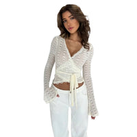 Women’s V Neck Wrap Long Sleeve Crop Top Exposed Waist Knit Style