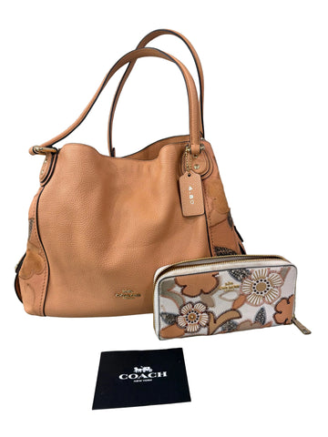 Coach Edie 31 Tea Rose bag, wallet, and authentication card
