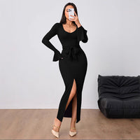 Women’s V-Neck Long Sleeve Waist-Tie Bodycon Maxi Dress – Slim Fit