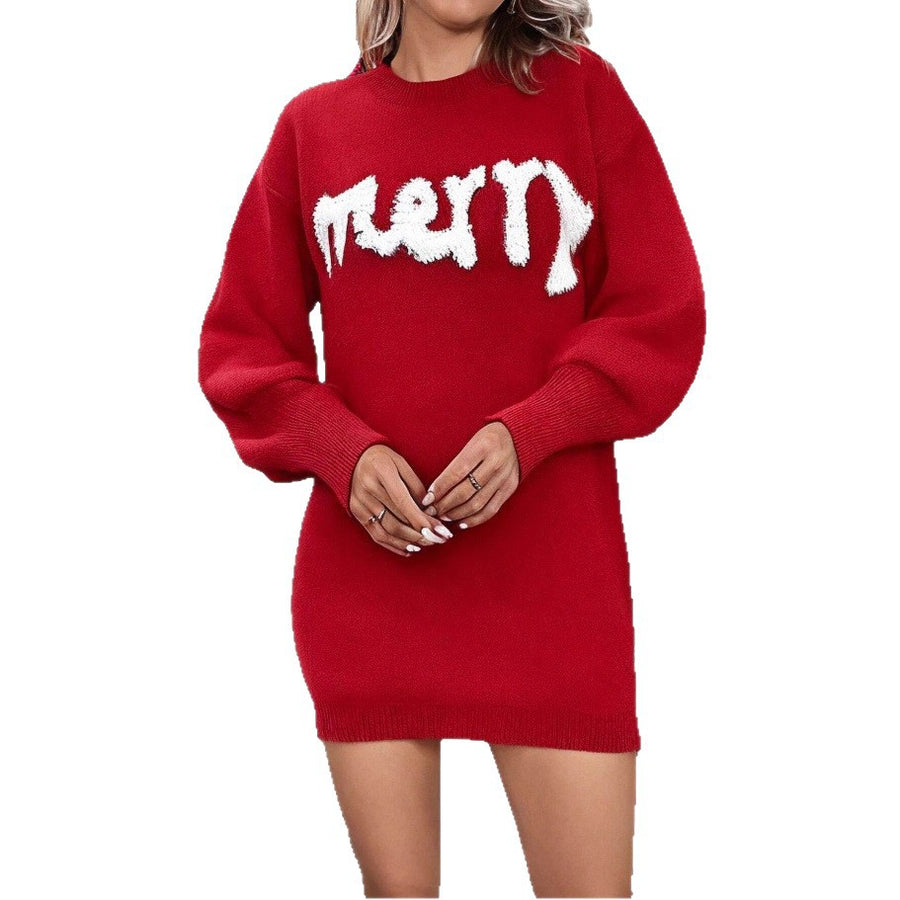 Women's “MERRY” Knit Sweater Dress Mini Holiday Christmas Long Sleeve Outfit