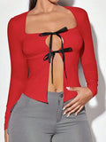 Women's Red Square Neck Bow Tie Lace-Up Long Sleeve Fitted Top - Gloss & Grit