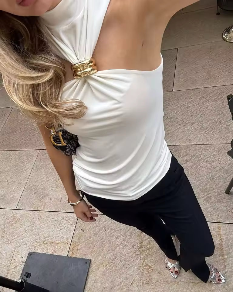 Halter Mock Neck Cutout Tank Top with Metal Ring