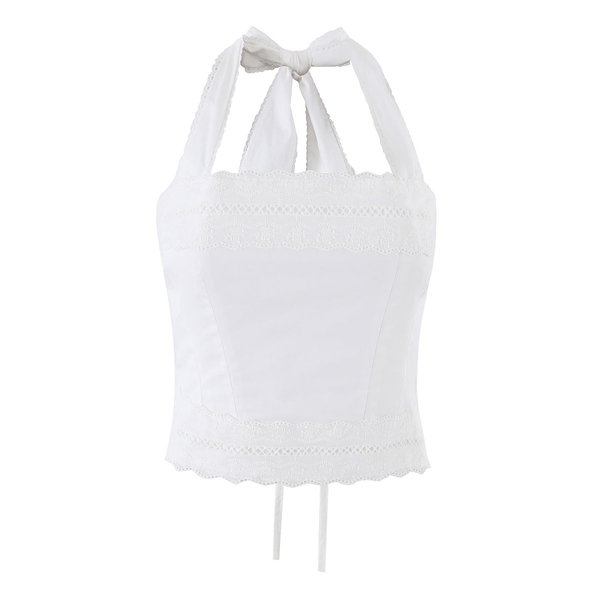 White Lace Trim Halter Tie Crop Top