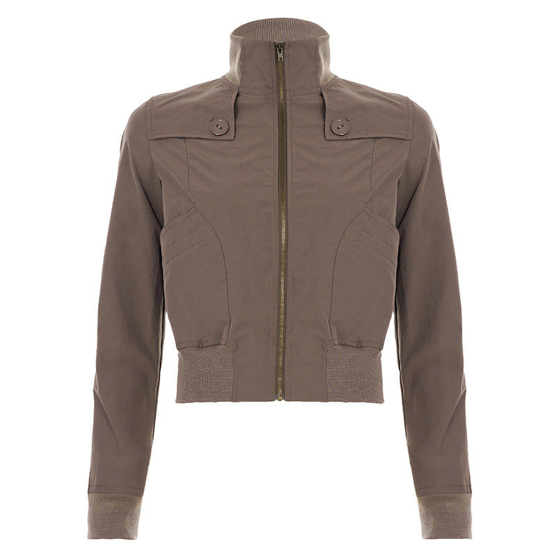 Women’s Stand Collar Button Waist Jacket – Brown Zip Front Cropped Outerwear
