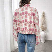 Women Pink & White Faux Fur Zip‑Up Jacket Floral Sherpa Coat