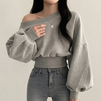 Women’s Asymmetrical Off-Shoulder Fleece Crop Top Long Sleeve Pullover