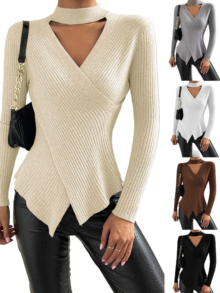 Women’s Cross-Neck Ribbed Sweater — Slim Fit Long-Sleeve Top