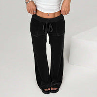 Velvet Lounge Pants Women – Soft High Waist Drawstring Wide Leg Black Pants