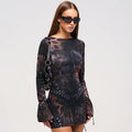 Y2K Leopard Studded Long Sleeve Mini Dress - Gloss & Grit