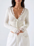 Odette Lace Trim Cropped Knit Cardigan in Off-White, front