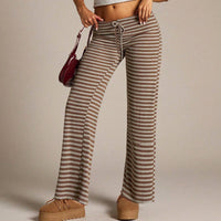 Women’s Khaki Striped Wide Leg Lounge Pants Casual Drawstring Fit