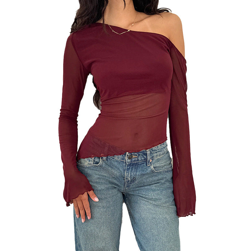 Women’s Off Shoulder Mesh Long Sleeve Asymmetrical Slim Fit Top