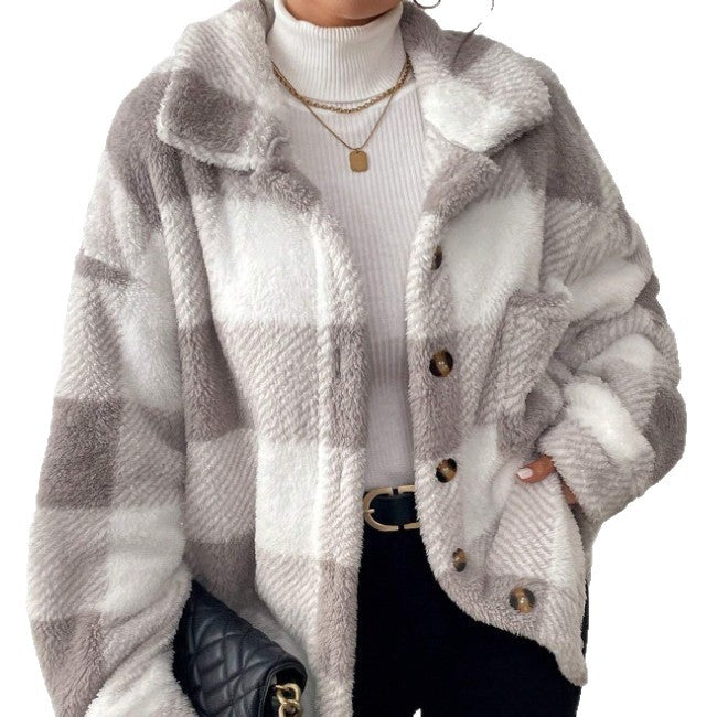 Women’s Oversized Fleece Plaid Button Jacket with Pockets – Fall Outerwear Staple