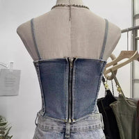 Women’s Denim Corset Camisole with Back Zipper, Irregular Hem Y2K Bustier Top