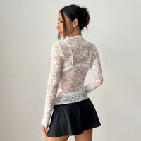 Women’s White Sheer Lace Long Sleeve Top Slim Fit Layering Shirt