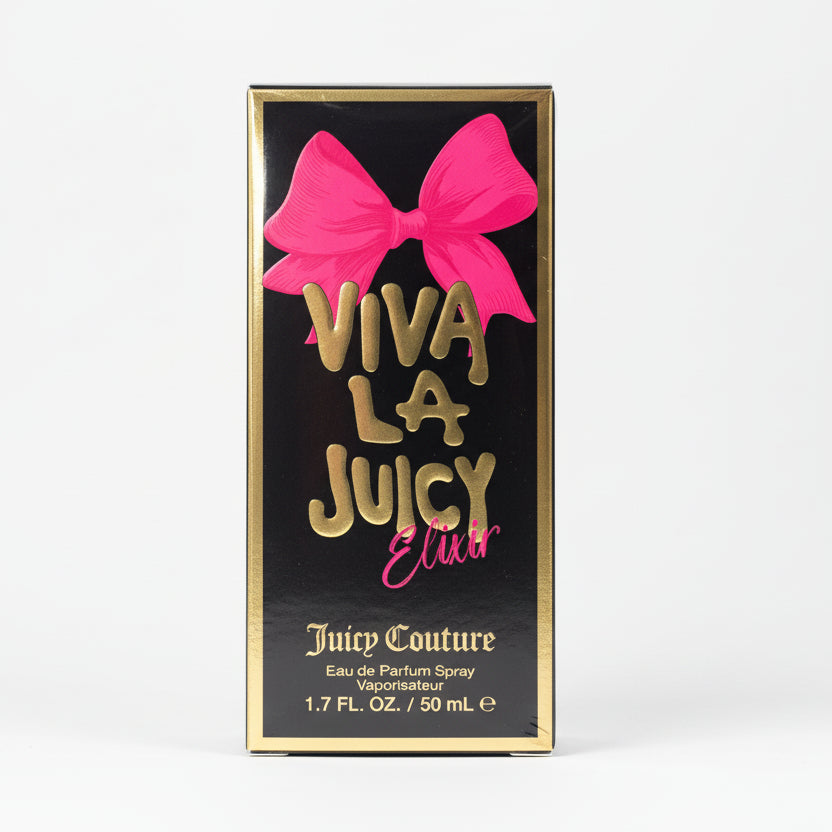 Juicy Couture Viva La Juicy Elixir perfume packaging with a pink bow on a gray background