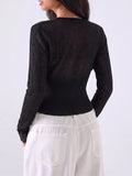 Odette Lace Trim Cropped Knit Cardigan in Black, back