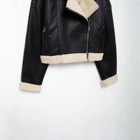Women’s Faux Shearling Lined Moto Jacket with Lapel Collar and Zipper Front