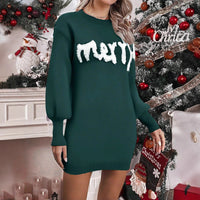 Women's “MERRY” Knit Sweater Dress Mini Holiday Christmas Long Sleeve Outfit