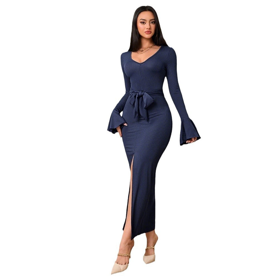 Women’s V-Neck Long Sleeve Waist-Tie Bodycon Maxi Dress – Slim Fit