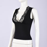 Women’s Black Deep V Neck Lace Trim Sleeveless Fitted Tank Top