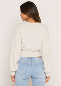Beige Wrap Tie Cropped Knit Sweater