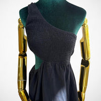 Women’s Black One Shoulder Smocked Cutout Midi Dress - Minimalist Summer Outfit (Pre-owned)