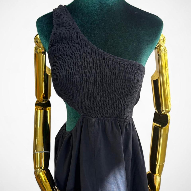 Women’s Black One Shoulder Smocked Cutout Midi Dress - Minimalist Summer Outfit (Pre-owned)