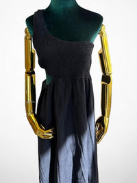 Women’s Black One Shoulder Smocked Cutout Midi Dress - Minimalist Summer Outfit (Pre-owned)